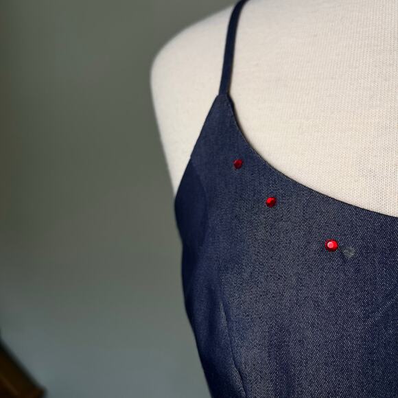 Vintage 90s Denim Mini Dress Blue Navy Bodycon Sheath // Size Medium 8 - Picture 8 of 8